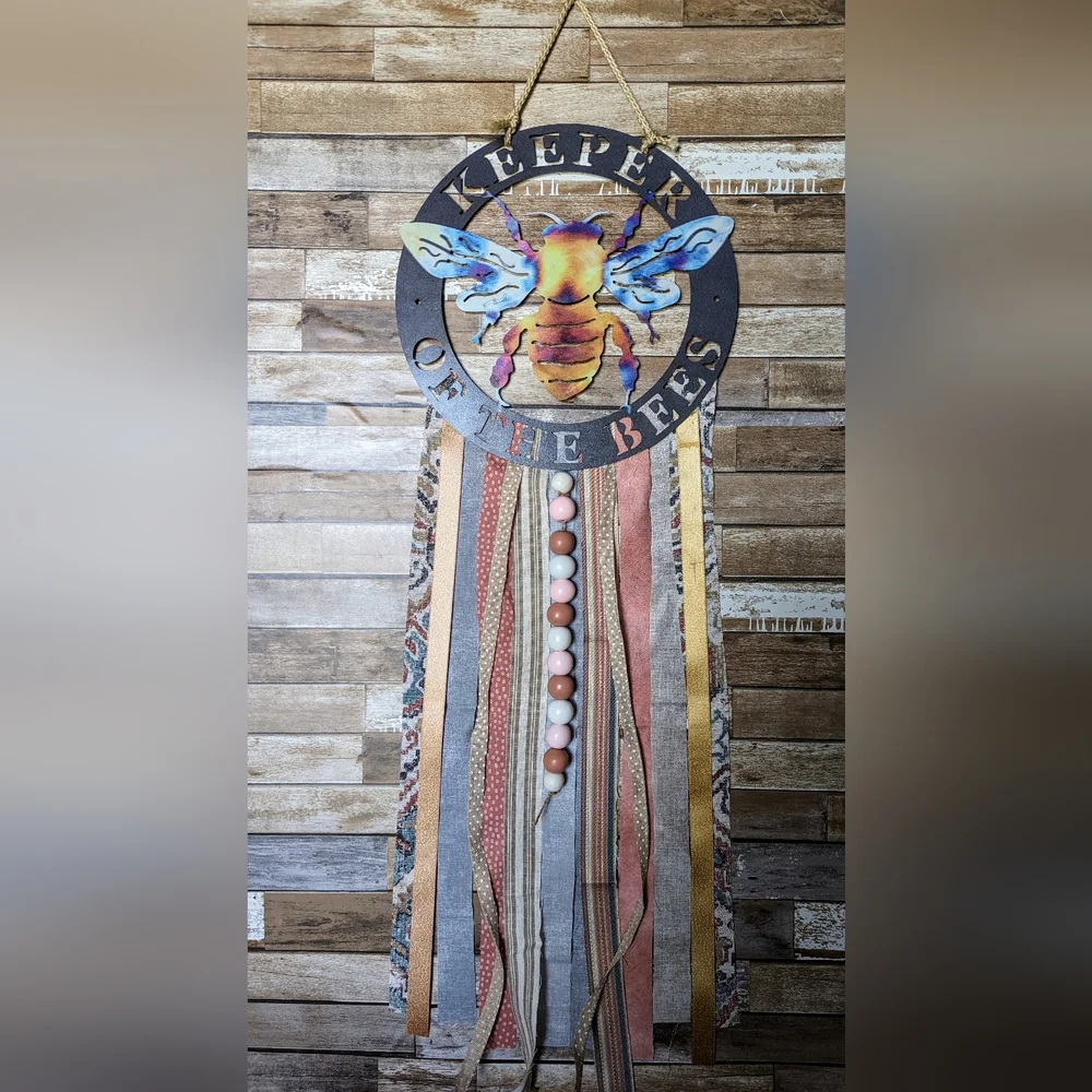 Keeper of the Bees Metal Boho Wall Hanging W Wooden Beads - Picture 6 of 6